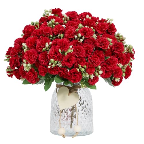 DuHouse 6 Ramos de Claveles Falsos, Ramos de Claveles Artificiales Realistas con Tallos para el Día de la Madre, Boda, Fiesta, Oficina, Decoración del Hogar(Rojo)