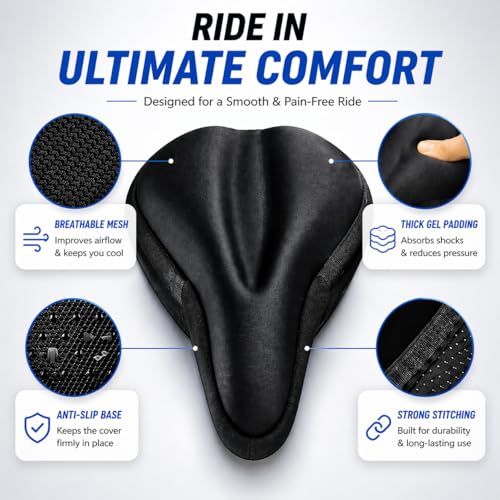 Image of PulGos Cycle Seat Cover for Men & Women | 𝐄𝐱𝐭𝐫𝐚 𝐒𝐨𝐟𝐭 Gel Padded Cushion for 𝐏𝐚𝐢𝐧-𝐅𝐫𝐞𝐞 𝐑𝐢𝐝𝐞𝐬 | Anti-Slip, Breathable 𝐋𝐨𝐧𝐠 Lasting Memory Foam & Universal Fit for All Cycles