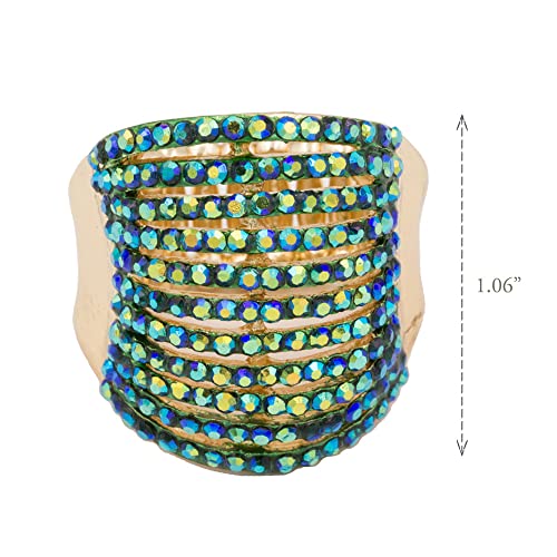 Lavencious 11 Rows With Crystals Stretch Rings Statement Rings Free Size 7 To 9 For Women (Gold + Green Ab Crystals) #TOP2