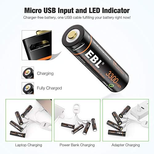 EBL 1.5V Lithium AA Rechargeable Batteries 3300mWh with Micro USB Cable, 4 Counts in One Storage Case