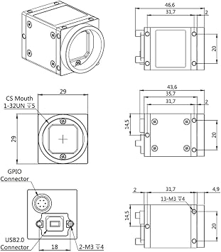 USB2.0 1.3MP 1/3 Machine Vision Industrial Camera Color C Mouth Rolling Shutter Support Windows Linux Python OpenCV SDK 1280x960 38fps Indoor