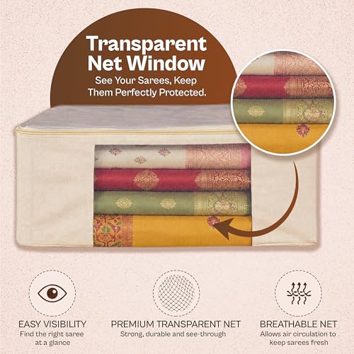Image of JD FRESH 2 Pcs Cotton Saree Cover for Wardrobe /Space Saving Bag with Zip Closure & Big Transparent Window /Wardrobe-Cupboard Organizer for Clothes /Bedsheets /Lehengas (17 X 14 x 7 Inch, Off White)