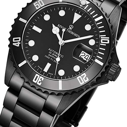 Mens Automatic Diver Watch - 42mm Analog Black Face with Luminous Hands Magnified Date and Sapphire Crystal - Black PVD Coated Stainless Steel Swiss Made Waterproof Dive Watch 17571.21772