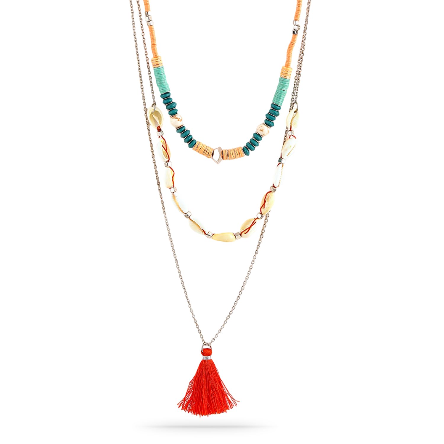 rubans Silver-Plated Multicolor Beaded & Shell Detail Layered Tassel Necklace for Women & Girls | Perfect for Boho & Casual Look-picture-17