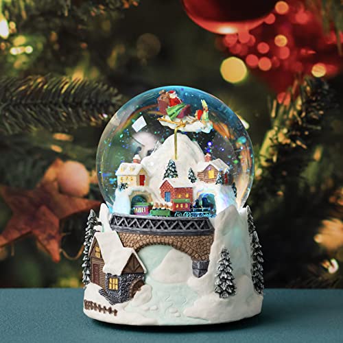 Flying Santa On The Sleigh Snow Globe With Revolving Train Crossing A Tunnel On Dimensional Winter Scene Base With Led Lighting Effects Plays Jingel Bells #TOP5