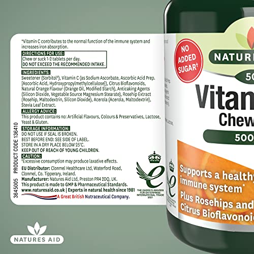Natures Aid Vitamin C 500mg 50 Chewable Tablets – Supports Immune System & Skin Health - High Strength, Sugar Free, Vegan, Non-GMO – Antioxidant Supplement - Image 6