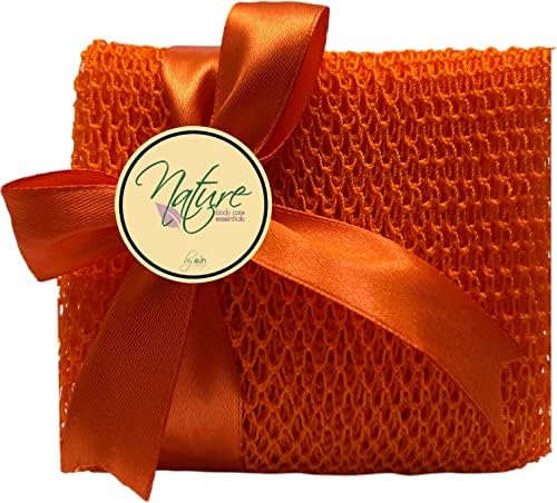 Net Bath Sponge, Ghana N1 Weave, Long, Skin Exfoliation, African, Porous, Stretches Horizontally to Approximately 49" (Orange).