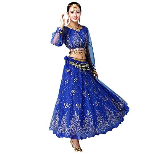 Grouptap Bollywood Indio para Mujer de Manga Larga Anarkali Lehenga Choli Saree Vestido Azul árabe Princesa Danza del Vientre Falda Trajes Traje (Azul, 150-170 cm, 45-70 kg)