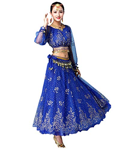 Grouptap Bollywood Indio para Mujer de Manga Larga Anarkali Lehenga Choli Saree Vestido Azul árabe Princesa Danza del Vientre Falda Trajes Traje (Azul, 150-170 cm, 45-70 kg)