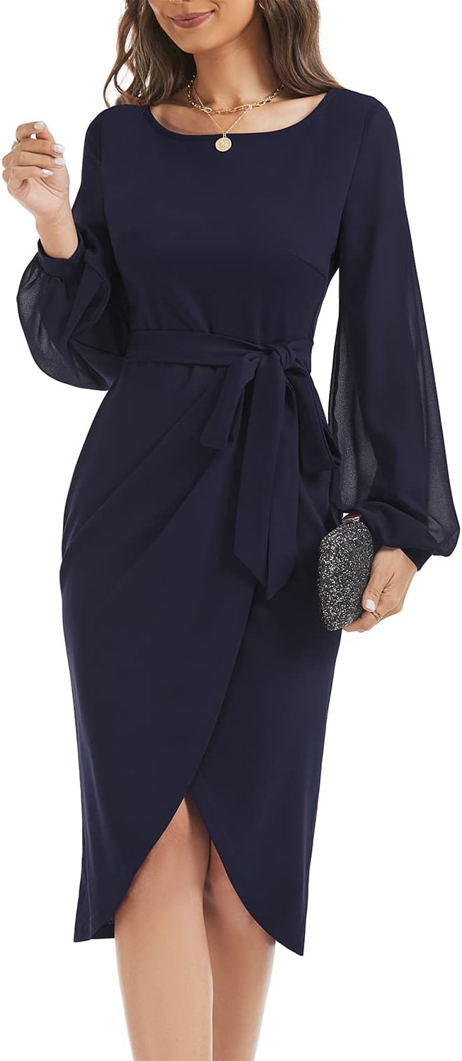 HELYO Women's Elegant V-Back Chiffon Long Sleeve Sheath Dresses Belted Ruched Casual Work Cocktail Party Midi Dress - Image 3