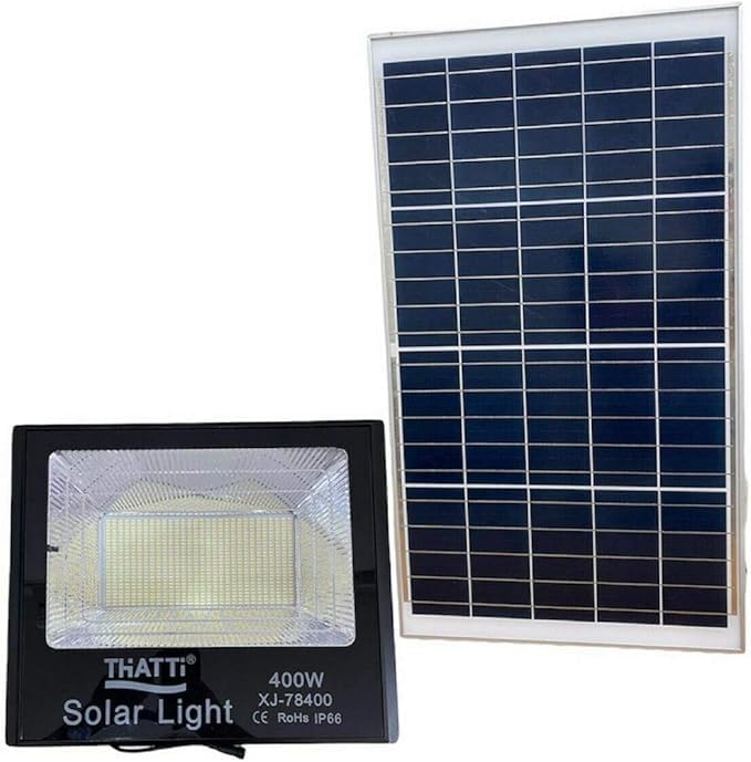 FLM SYSTEM Faro Solare LED 400W da Esterno con Sensore Crepuscolare – Proiettore Solare con Telecomando, Luce Fredda 6500K, Impermeabile per Giardino, Cortile e Garage