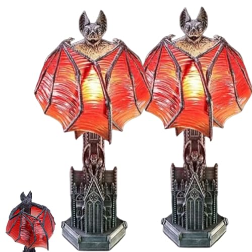 ELEGY Midnight Bat Lamp, Gothic Night Wings Halloween Lights with Red Glow, Unique Cathedral Base Vampire Table Light, Shadow Wing Bat Lamp for Spooky Horror Room, Or Vampire-Themed Decor(2PCS)