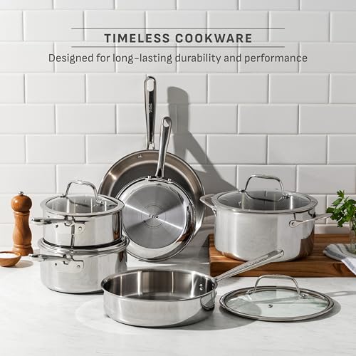 Image of T-fal Pro Tri-Ply Stainless Steel Cookware Set, 10 Piece-Induction Compatible, Oven Safe 500F, Lids-350F, Even Heat, Professional Quality, Durable, Induction Pots and Pans Set, Silver