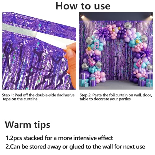 Image of 2 Packs Purple Foil Fringe Curtain, Purple Energy Pattern Glitter Metallic Tinsel Backdrop for Birthday, Baby Shower, Graduation, Bachelorette, Korean Idol Movie Party Decorations Favor Supplies