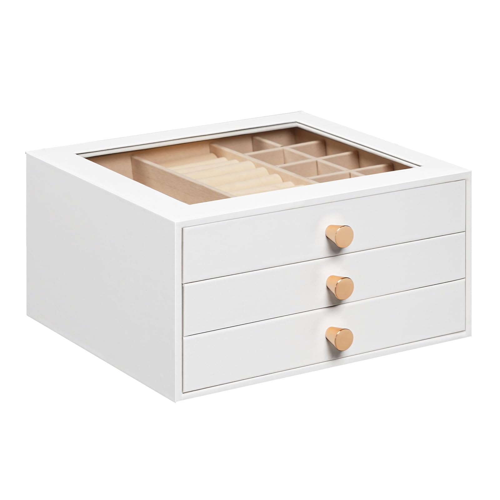 HOOBRO Modernes Schmuckkästchen mit 3 Schubladen, Schmuckbox mit Glasfenster und Samt, Schmuckaufbewahrung, Schmuckschatulle, 23 x 20 x 12 cm, Schmuck-Organizer für Ringe, Weiß EWT24JB04
