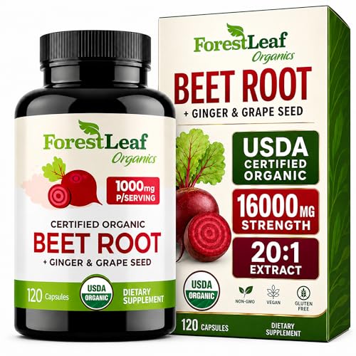 ForestLeaf USDA Organic Beet Root Capsules - Beetroot Supplement 1000mg 20:1 Extract w/Ginger Grape Seed - Support Blood Pressure Nitric Oxide Flow Circulation - Made in USA - 120 Caps