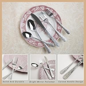 Vintage Carved Stainless Steel 20 Pieces Flatware Set Silverware Set Modern Embossed Cutlery Set Utensils Including Fork Spoon and Knife