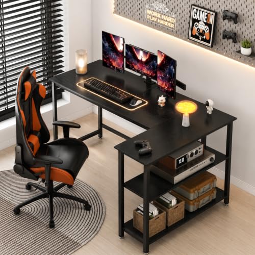 Image of L Shaped Reversible Desk| Gaming Table, Computer Corner Desk, Home Office Writing Desk with Shelf, Space-Saving Workstation Table | Black | 30x50x75 cm