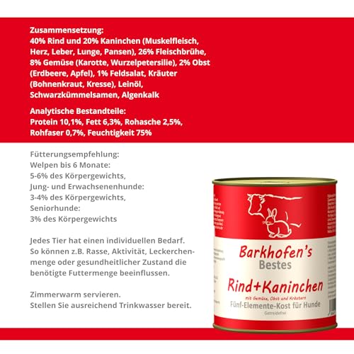 Barkhofen Tiernahrung Nassfutter für Ihren Hund 6X 800 g – Hundefutter nass & getreidefrei mit Rind & Kaninchen – Hunde Futter in Dosen ohne Getreide