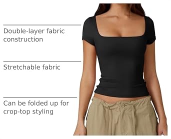 QINSEN Women's Square Neck Short Sleeve Double-Layer Tops Basic Slim Fit Going Out T Shirt