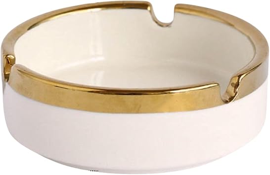 Saim Ceramic Cigar Ashtray for Men - Retro Round Desktop Ash Tray with Gold Edge, Anti-Slip Bottom, for Home Office Patio Outdoor Smoking White