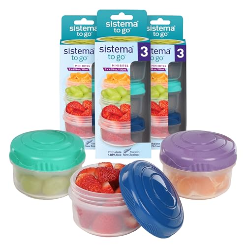 Sistema Mini Bites TO GO barattoli per snack | 130 ml | Contenitori per snack impilabili con coperchio | Coperchi verdirosa e blu | 9 pezzi