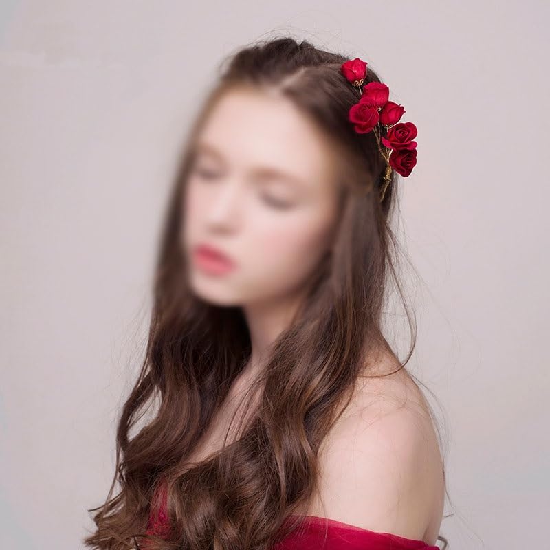 Chinese Vintage Red Wedding Flower Fabric Rose Bridal Hair Clip image 4