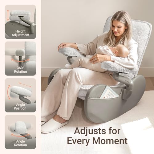 Image of MAMAZING Lullabud Nursery Rocking Chair Glider with Ottoman for Breastfeeding, Upholstered Nursing Chair with Removable Cover Reading Chair for Bedroom, Living Room(Light Grey /Light Grey)