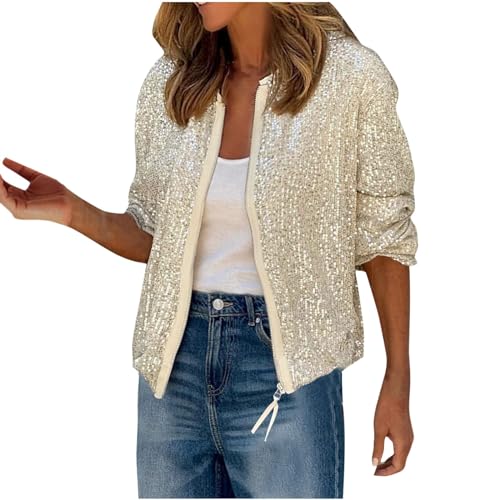 Sequin Jacket For Women Uk Sparkly Sequin Bomber Jacket Coat Long Sleeve Front Zip Up Ladies Glitter Tops Biker Shiny Clubbing Party Club Metallic Festival Outfit Going Out
