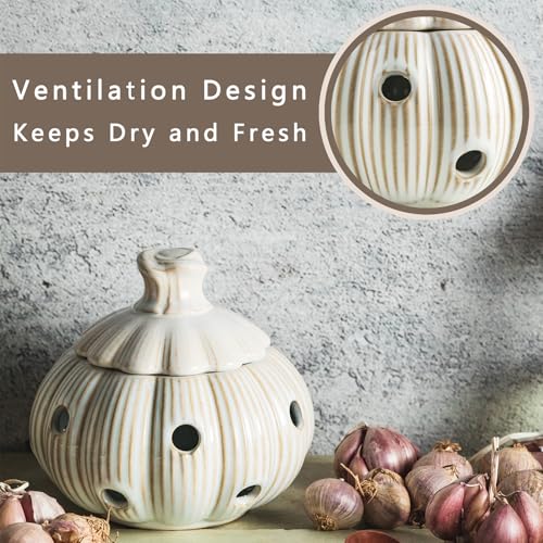 Cormomu Garlic Storage Pod Ceramic Garlic Keeper with Lid Large Garlic Container for Counter, White — view 2