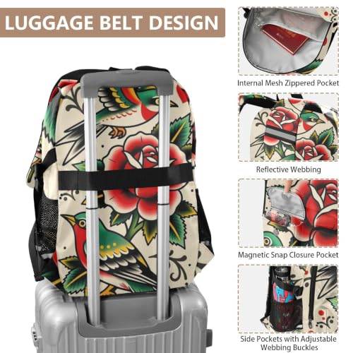 Mochila para laptop rosa con golondrinas estilo tatuaje tradicional para niñas 4
