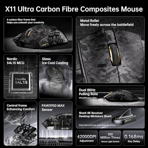Image of ATTACK SHARK X11 Ultra 8K Carbon Fiber Tri Mode Wireless Gaming Mouse-Black | 42000 DPI-PAW3950 MAX Sensor-63g Lightweight,Nordic 54L15 MCU Chip,Wired /BT /2.4Ghz,100 Million Clicks,Programmable for PC Mac