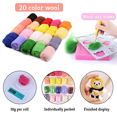 78PCS Needle Felting Kit, Wool Felting Kit, 20 Colors Wool Roving for Needle Felting(10g/Color), Needle Felting Starter Kit with Wool Felt Mold, Felting Needle, Foam Mat, Felting Tool Holder