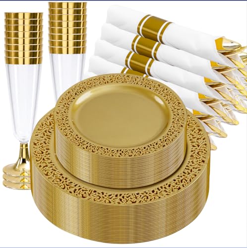 DaYammi 210Pcs Gold Disposable Plastic Plates Set