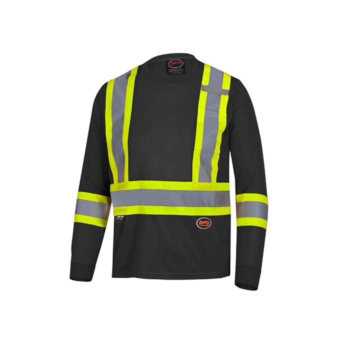 先锋安全反光长袖工作衫 - 透气舒适黑色T恤