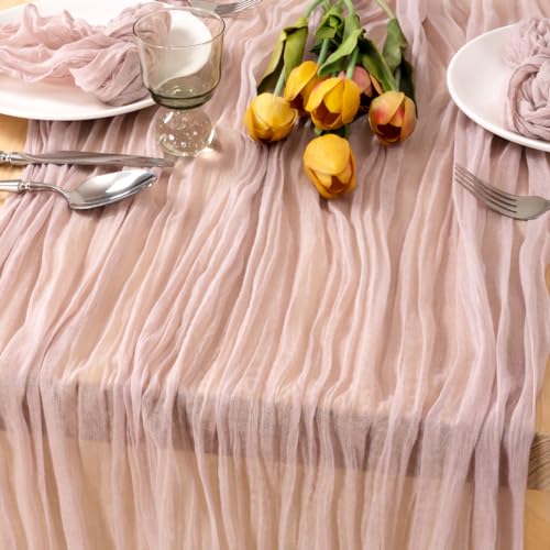 Image of MLMC 2 Pack Pink Table Runner Boho Cheesecloth Table Runner 10ft Rustic Dusty Pink Gauze Cheese Cloth Centerpiece Decor 35x120 Inches for Wedding Bridal Shower Birthday Party