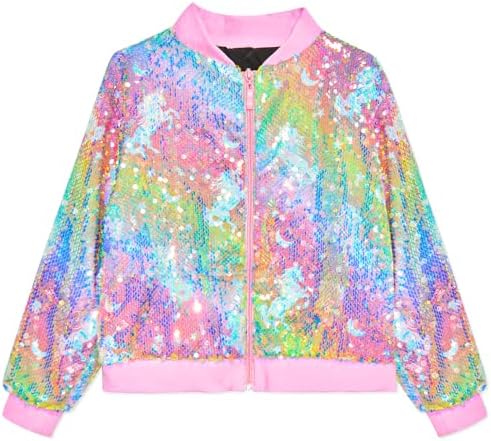 OlyPegic Girls Sequin Jacket Sparkly Glitter Bomber Kids Outwear with Pockets Zipper Coat Long Sleeve Jackets 4-12T