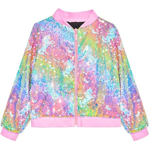 OlyPegic Girls Sequin Jackets Kids Bomber Jacket with Pockets Sparkle Outwear Glitter Zipper Coat Long Sleeve Birthday Jackets Pink Unicorn Cover
