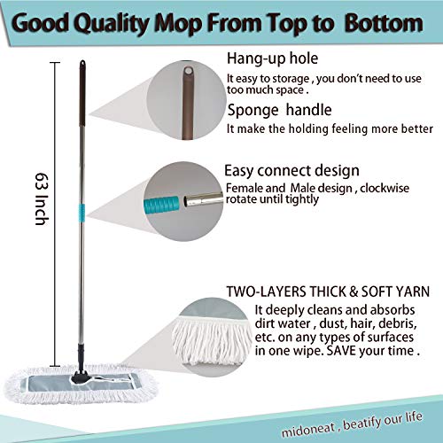 Midoneat 24 Inch Industrial Commercial Cotton Dust Mop || 63 Inch Pole || Two-Layers Thick And Soft Cotton Yarn Clean Dirty Water Dust And Hair More Easily|| 2 Sets Economical (24 Inch) #TOP1