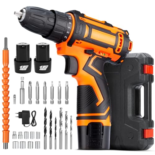 Avvitatore a Batteria, 12V Trapano Avvitatore Batteria, con 2 X 2000 mAh Batterie e Valigia, 25Nm Max, 2 Velocità,18 + 1 Impostazione Coppia, LED Luce, 24 Accessori, Per Riparazioni Domestiche