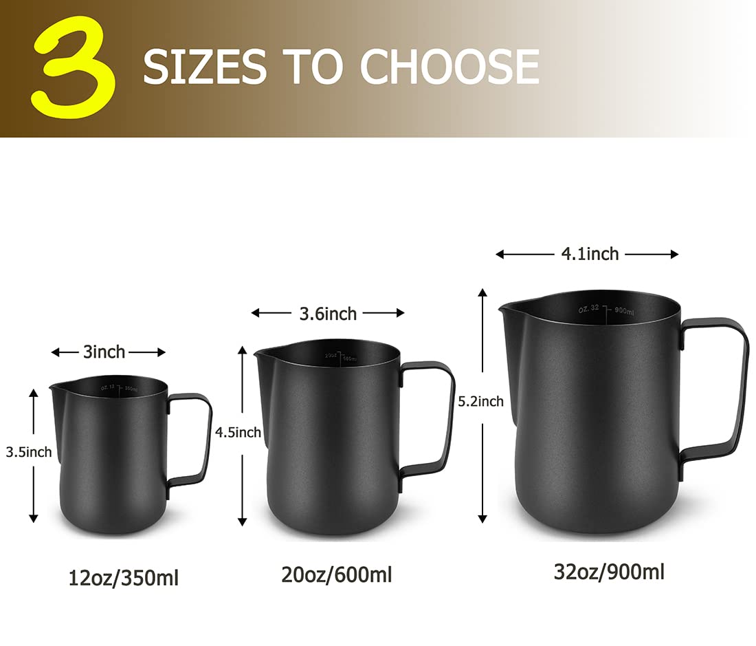 CAMKYDE Jarra de espuma de leche de acero inoxidable de 20 onzas, jarra de vapor espresso con bolígrafo decorativo para máquinas de espresso, capuchino, arte con leche (negro mate)