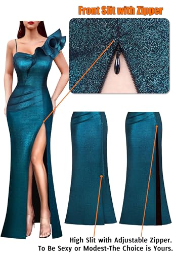 Image of VFSHOW Womens Ruffle One Shoulder Strap Ruched Formal Prom Wedding Maxi Dress V Neck Elegant Split Cocktail Evening Long Gown