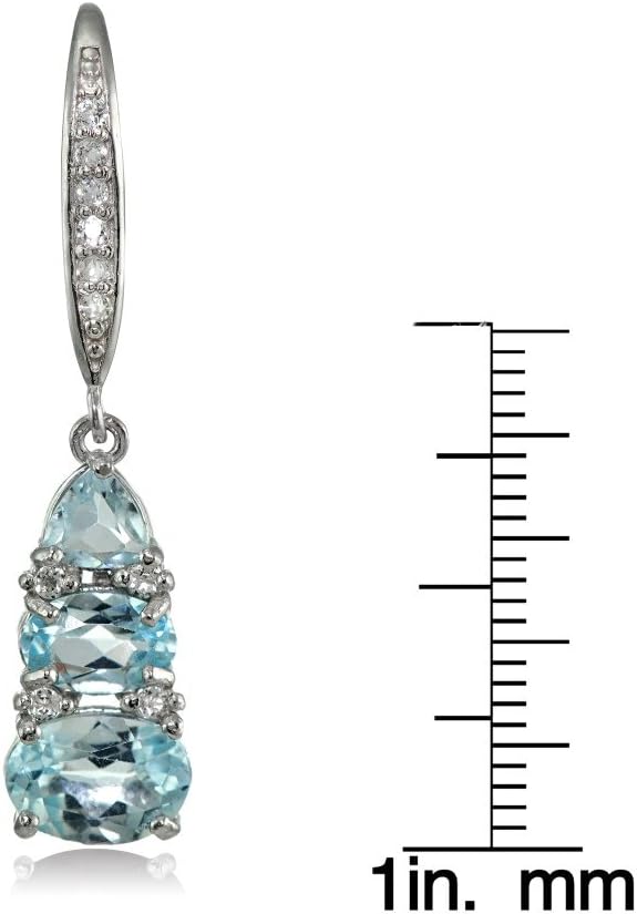 Sterling Silver Genuine or Created Gemstone and White Topaz 3-Stone Dangle Leverback Earrings