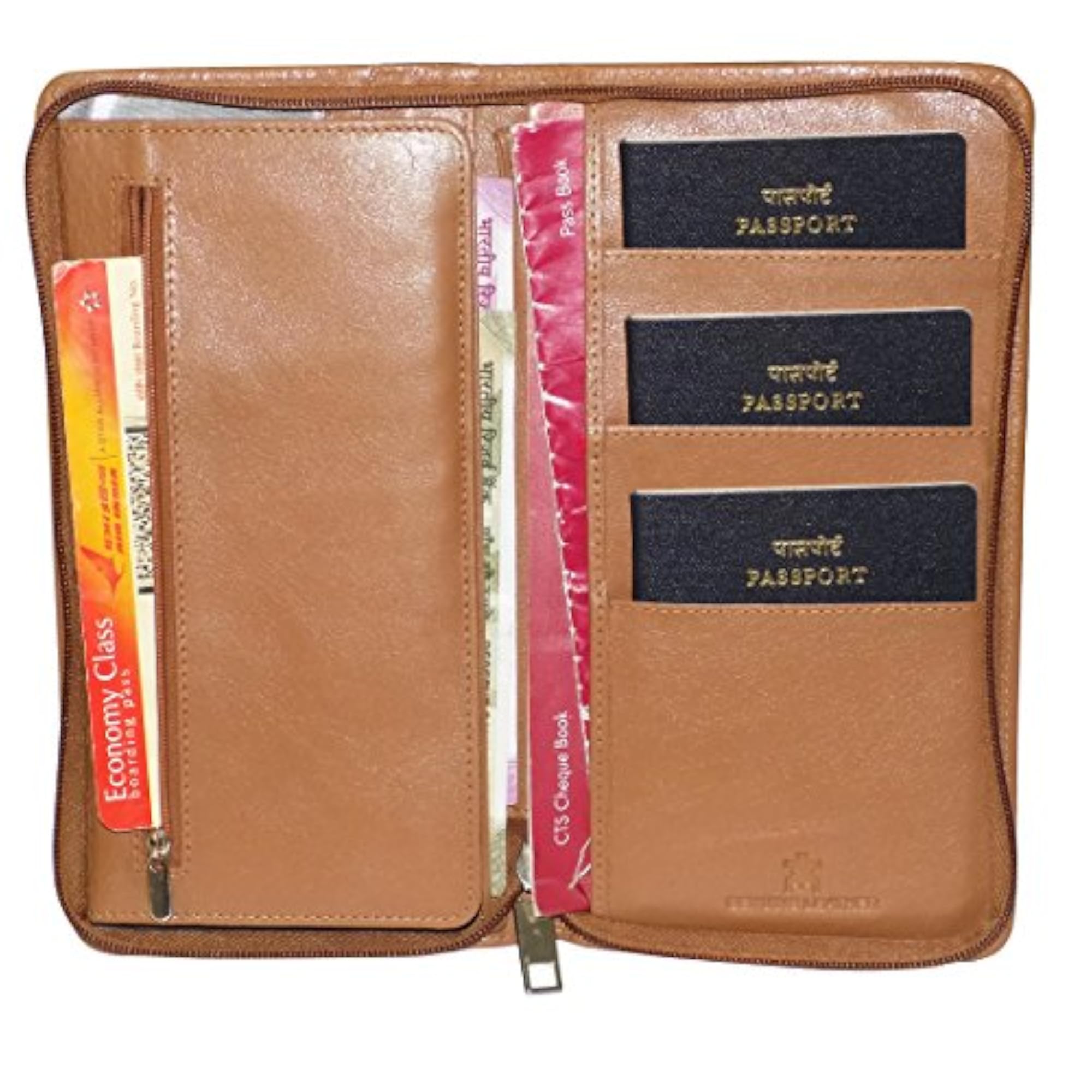 Tan Leather Zipper Travel Passport Wallet