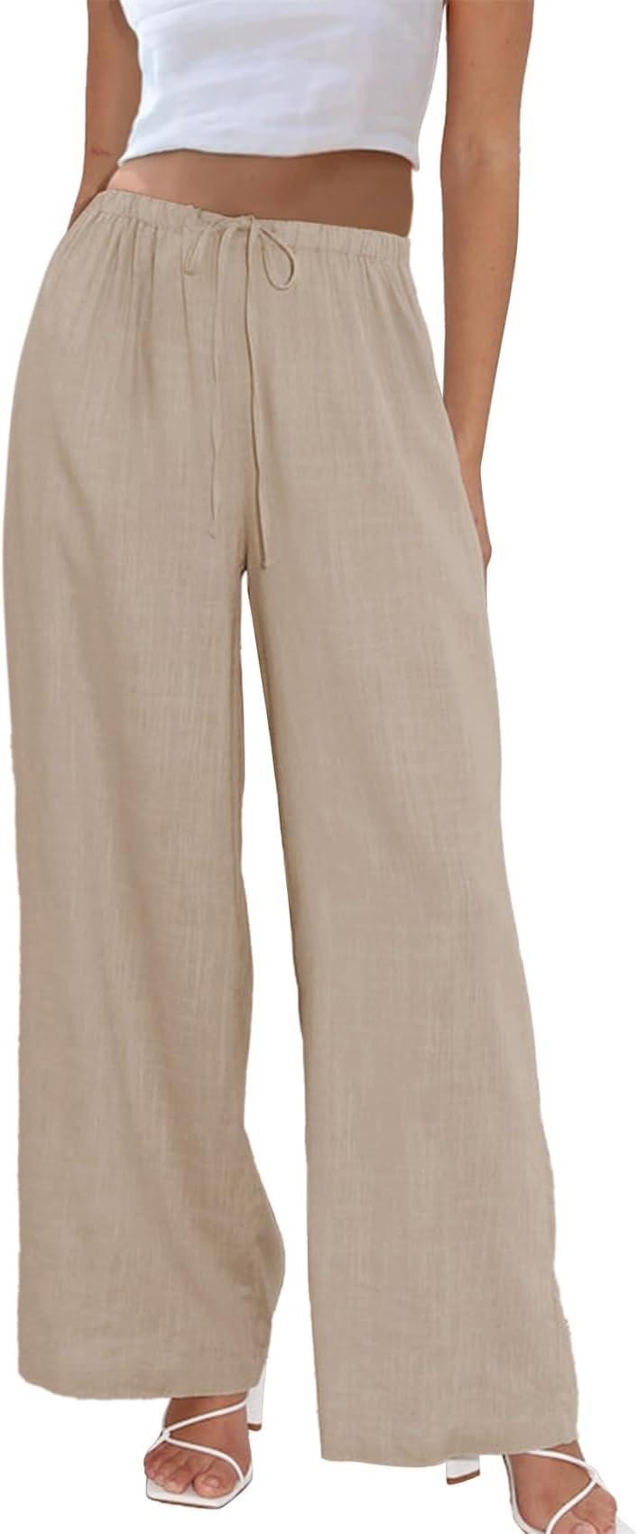 Womens Cotton Linen Palazzo Pants Drawstring Elastic Waist Casual Wide Leg Trousers with Pockets