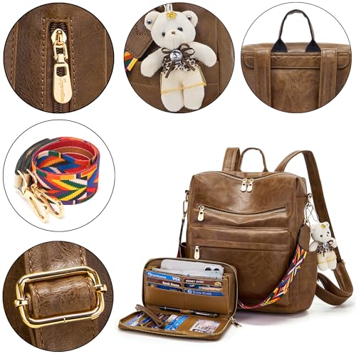 Image of Soperwillton Women Backpack Purse Shoulder Handbags Travel Bag Set 2pcs | Soft PU Leather,Large Capacity,Many Pockets,with a Functional Wallet,with a Detachable Shoulder Strap,Multipurpose Design