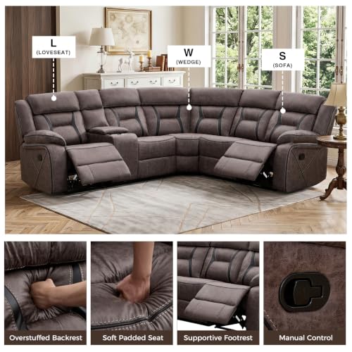 Image of EBELLO Manual Reclining Sectional Sofa for Living Room, L-Shaped Sectional Corner Reclining Sectional Couches Home Furniture Set with Center Console, Hidden Cup Holders and Storage, Grey