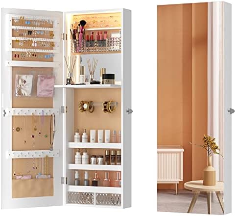 LVSOMT LED Jewelry Mirror Cabinet 42.5", Wall/Door Jewelry Armoire Organizer, Full-Length Mirror with Jewelry Storage, Over The Door Hanging Mirror, Built-in Makeup Mirror, 2 Drawers, Lockable, White