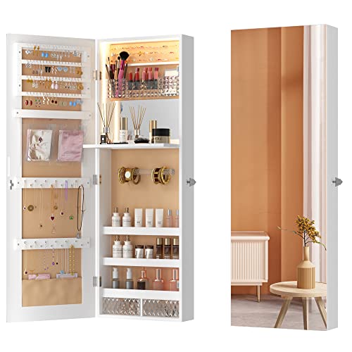 Lvsomt Led Jewelry Mirror Cabinet 42.5", Wall/Door Jewelry Armoire Organizer, Full-Length Mirror With Jewelry Storage, Over The Door Hanging Mirror, Built-In Makeup Mirror, 2 Drawers, Lockable, White #TOP15