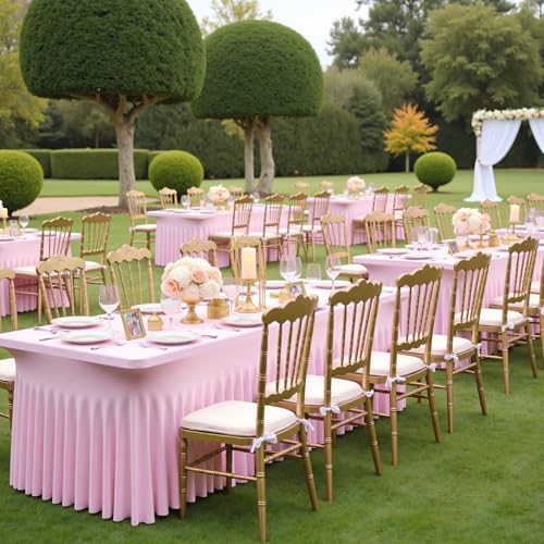 Image of 6 pk Baby Pink Spandex Tablecloth 8ft With Ruffled Table Skirt, Wrinkle Free Stretchy Fitted Tablecloths for 8 Foot Rectangle Tables, Elastic Spandex Table Covers for Weddings Parties Banquet
